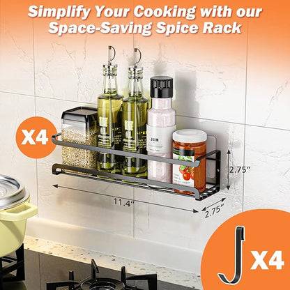 Bunoxea Spice Rack Wall Mounted 4 Pack,Space-Saving Spice Organizer for Spice Jars and Seasonings,Screw or Adhesive Hanging Spice Rack Organizer for Your Kitchen Cabinet,Pantry Door,11.41x2.75x2.75in