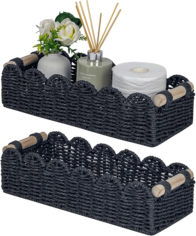 CubesLand Bathroom Basket Organizer, Toilet Tank Paper Storage Baskets 2-Pack, Scalloped Decorative Basket for Countertop w/Handle, Wicker Basket for Bathroom Decor, Home Decor, Living Room, Black