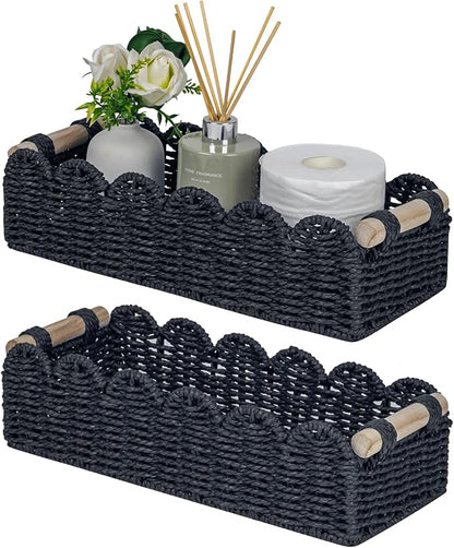 CubesLand Bathroom Basket Organizer, Toilet Tank Paper Storage Baskets 2-Pack, Scalloped Decorative Basket for Countertop w/Handle, Wicker Basket for Bathroom Decor, Home Decor, Living Room, Black