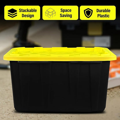 BLACK & YELLOW 27-Gallon Storage Bin with Snap-on Lid, Heavy Duty Plastic Storage Bins with Lid, Stackable, 6 Pack