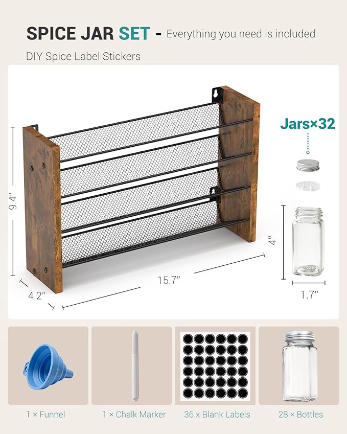NESAPTO Spice Rack Organizer with 32 Glass Spice Jars, Wood 4-Tier Seasoning Organizer with Labels for Cabinet, Pantry, Countertop or Wall Mount, Chalk Marker and Funnel Set, 15.7" W × 9.4" H