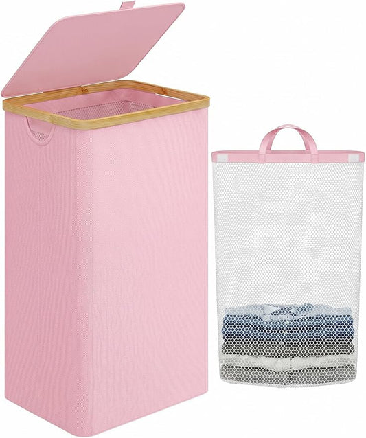 iEGrow Laundry Hamper with Lid, 110L Large Laundry Basket with Handle and Lid, Collapsible Clothes Basket Organizer with Removable Inner Bag for Clothes Towels,Pink