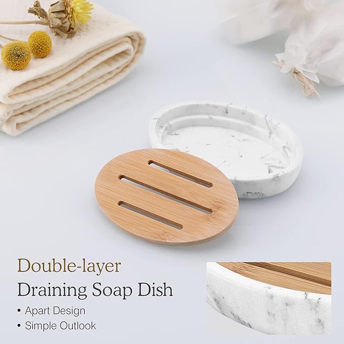 Luxspire Bamboo Soap Dish, Resin Soap Holder with Drainage, Oval Wooden Soap Dish for Shower, Bathroom, Sink, Kitchen and Countertop, Gravel White