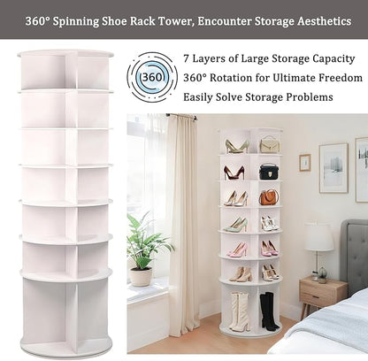 Runboll 7-Tier Rotating Shoe Rack Tower Spinning Shoe Display Lazy Susan Storage Tower, Free Standing 360 Revolving Shoe Organizer for Living Room Entryway Doorway