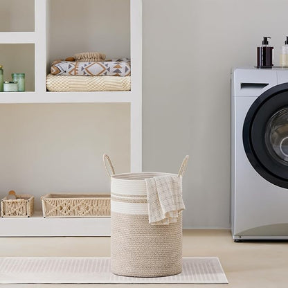 VIPOSCO Tall Laundry Hamper, Woven Rope Storage Basket for Blanket, Toys, Dirty Clothes in Living Room, Bathroom, Bedroom - 30L Brown & White