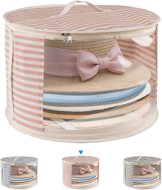 1 Pack Hat Storage Box with Clear Window, Holds up to 7 Caps Cowboy Hat Organizer Bag for Closet for Wide Brim Hats with Carrying Handles, Pink