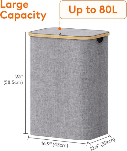 Lifewit 80L Laundry Basket with Lid, Clothes Hampers for Laundry with Bamboo Handles and 1 Removable Bag, Large Foldable Laundry Hamper for Bedroom, Bathroom, Dorm, Laundry Room, Light Gray