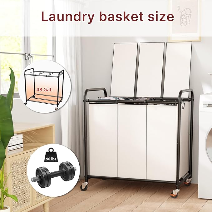 180L Laundry Sorter 3 Section – Heavy Duty Rolling Laundry Basket with Lockable Wheels and Lid, 3 Large Separate Removable Bags, Laundry Hamper Cart for Laundry Room Organizer (White)