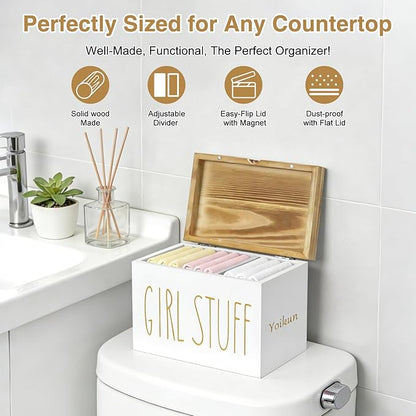 Tampon Holder for Bathroom with Hinged Lid, Modern Farmhouse Feminine Product Organizer, Decorative Storage Box for Pads & Period Essentials, Toilet Tank or Countertop (White)