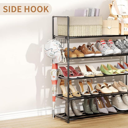 Metal Shoe Organizer,5 Tiers Shoe Storage Shoe Rack with Hooks,Fit 20-25 Pairs,Adjustable Shoe Shelf for Entryway,Hallway,Bedroom,Metal Bottom Support