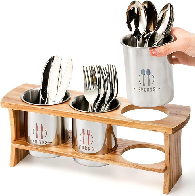 Lyellfe Silverware Holder for Countertop, Stainless Steel Cutlery Utensil Organizer with Bamboo Stand, Flatware Holder for Spoon, Fork, and Knife