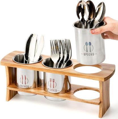 Lyellfe Silverware Holder for Countertop, Stainless Steel Cutlery Utensil Organizer with Bamboo Stand, Flatware Holder for Spoon, Fork, and Knife