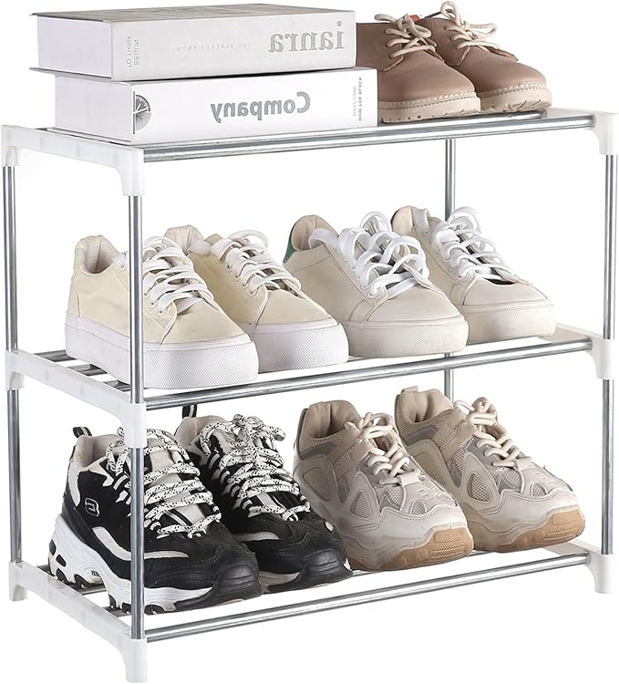 Small Shoe Rack, Narrow Stackable Shoe Shelf Organizer for Entryway, Doorway and Bedroom Closet (3-Tier, White)