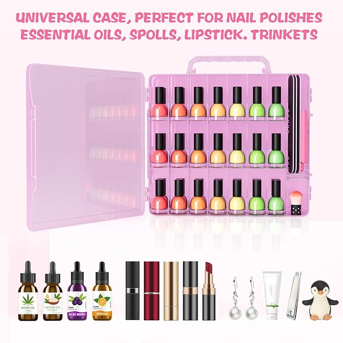 SUBAY Nail Polish Organizer Case for 48 Bottles, Double Side Nail Polish Holder for Storage Display, Portable Nail Polish Storage with 2 Toe Separators, 6 Adjustable Dividers for Space Saver, Pink