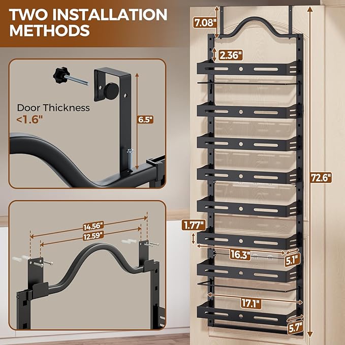 8-Tier Over The Door Pantry Organizer, Large 2 IN 1 Wall Mount or Hanging Spice Rack, Pantry Door Organizer and Storage with Adjustable Basket, Door Spice Rack for Pantry, Black
