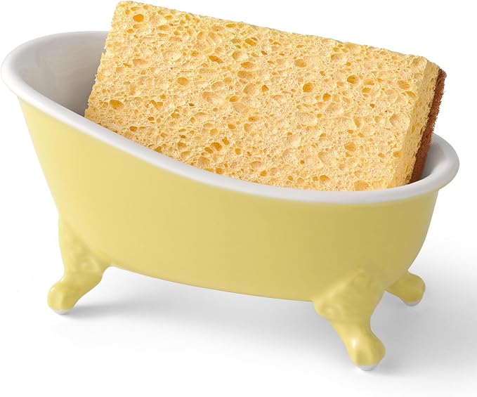 6.1" Vintage Ceramic Mini Decorative Clawfoot Bathtub Bar Soap Dish, Kitchen Sponge Holder and Shower Tray for Bathroom, 1 Pack (Yellow)