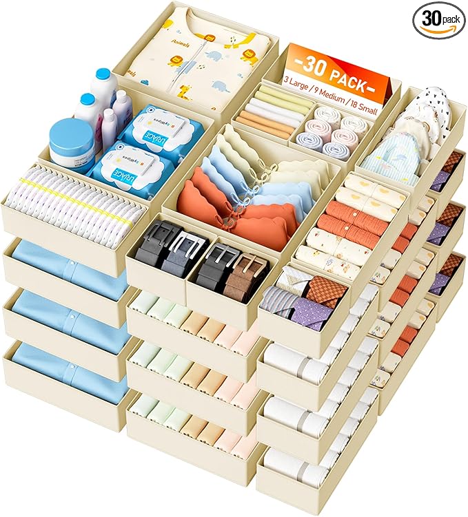 DIMJ Drawer Organizer Clothes - 30 Pack Closet Drawer Organizer Bins for Baby Clothes Storage, Fabric Dresser Organizer for Nursery Bedroom, Foldable Small Drawer Dividers for Underwear Socks