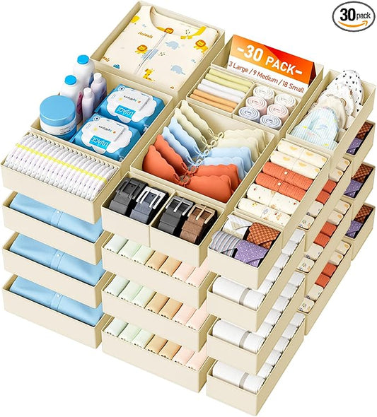 DIMJ Drawer Organizer Clothes - 30 Pack Closet Drawer Organizer Bins for Baby Clothes Storage, Fabric Dresser Organizer for Nursery Bedroom, Foldable Small Drawer Dividers for Underwear Socks