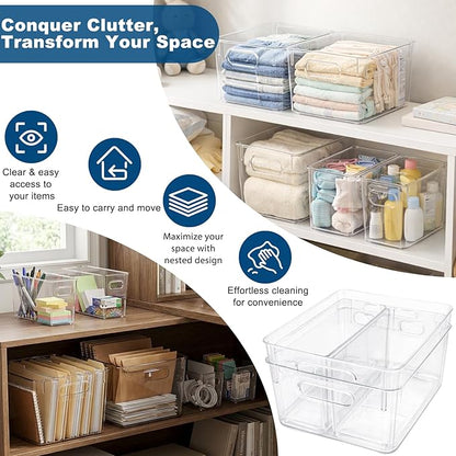 MOONEDGE Set of 12 Clear Plastic Storage Organizer Bins – 4 Large and 8 Small Nestable Space-Saving System for Under-Sink, Bathroom, Kitchen, Fridge & Cabinet Organization
