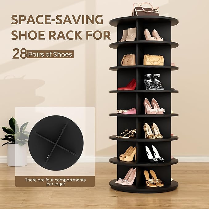 Rotating Shoe Rack 7 Tier Spinning Shoes Organizer Tower for 28-32 Pairs Lazy Susan 360 Revolving Shoe Storage Cabinet Rotate Shoe Handbag Rack Round Carousel for Closet, Bedroom (Black)