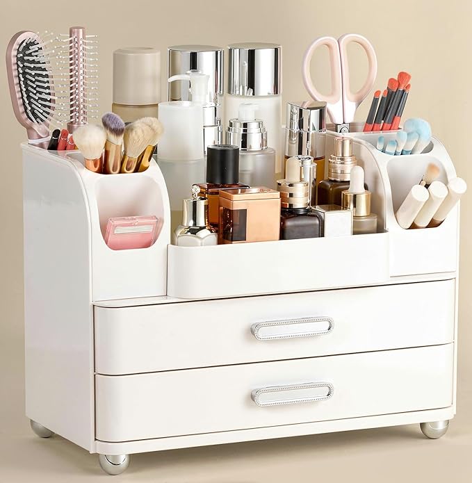 Large Makeup Organizer Countertop with Drawers, Make Up Organizer for Vanity, Makeup Storage Organizer Countertop Makeup Organizers for Skincare, All White