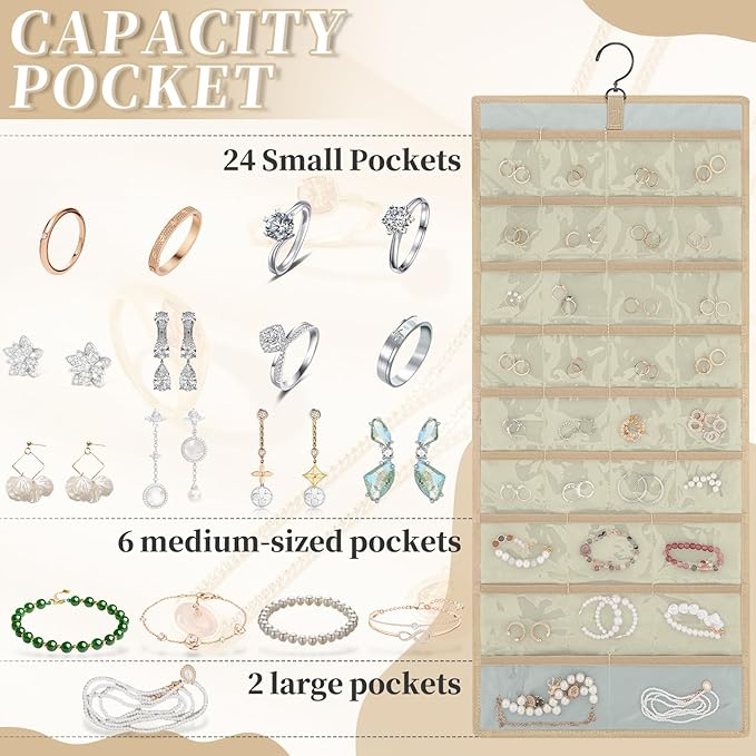 GMAK Hanging Jewelry Organizer with Hanger Metal Hooks, Double-Sided Jewelry Holder Accessories Organizer Storage Roll for Jewelry, Earrings, Bracelets, Necklaces, Rings - Beige