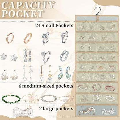 GMAK Hanging Jewelry Organizer with Hanger Metal Hooks, Double-Sided Jewelry Holder Accessories Organizer Storage Roll for Jewelry, Earrings, Bracelets, Necklaces, Rings - Beige