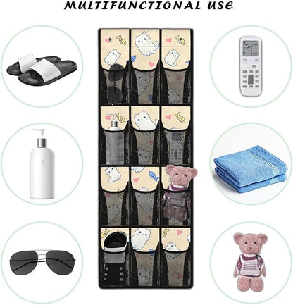 Cat Fish Over The Door Shoe Organizers,Shoe Rack for Door,Hanger Storage Organizer for Closet,Classroom Headphone Storage with 12 Mesh Pockets,Classroom Pocket Chart for Phone