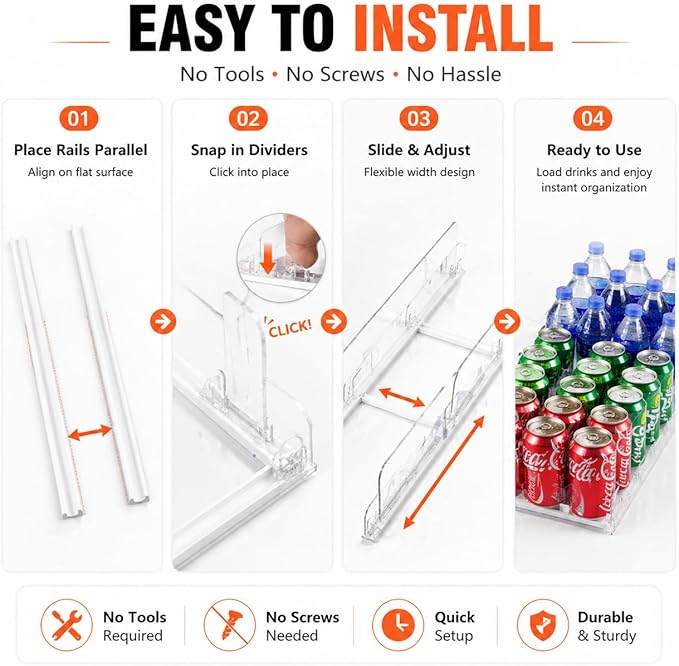 SOLY Drink Organizer for Fridge, Automatic Soda Can Dispenser with Pusher, 5-Row Refrigerator Drink Organizer Holds 25–30 Cans, 14.96" Deep