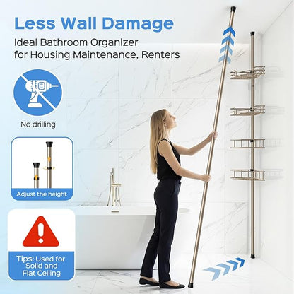 HAMITOR Shower Caddy Corner Tension Pole: 4-Tier Large Capacity Bathroom Organizer Shelves - Rustproof No-Drill Adjustable 47-123 inch Shower Storage for Renters, Home Bathtub Stand Rack, Tan Khaki