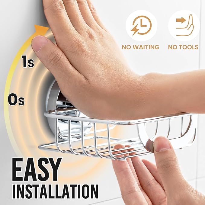 LEVERLOC Soap Holder Shower with Hooks, Bar Suction Cup Soap Dish Tray for Wall, Rust-Proof Stainless Steel Sponge Caddy for Bathroom Accessories Organizer Bathtub Kitchen Sink, Silver