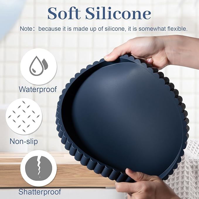 Round Bathroom Tray Silicone Kitchen Counter Decor Vanity Organizer Decorative Coffee Table Tray for Perfume, Candle, Soap Dish, 9 Inch, Dark Blue