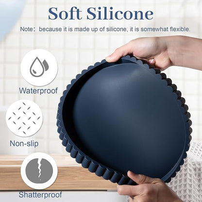Round Bathroom Tray Silicone Kitchen Counter Decor Vanity Organizer Decorative Coffee Table Tray for Perfume, Candle, Soap Dish, 9 Inch, Dark Blue