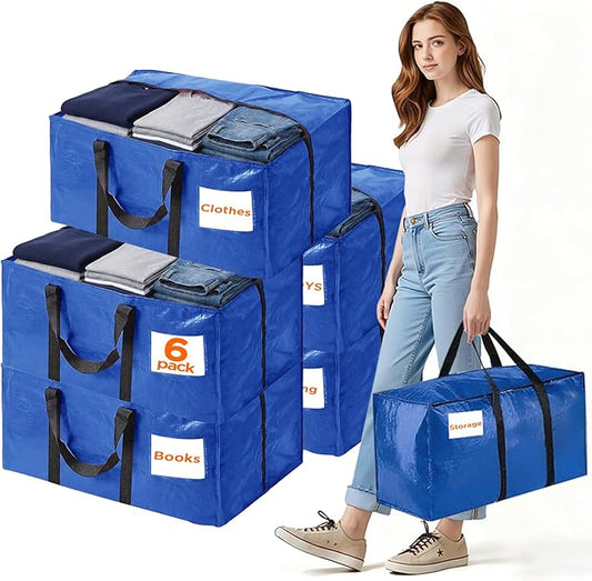 BETU 6 Pack Moving Bags Moving Storage College Dorm Camping Packing Travel PE Heavy Duty, Sturdy Handle, Zipper Large Storage Tote Bag Moving Boxes Box Alternative - Blue 29L x 14W x 13H