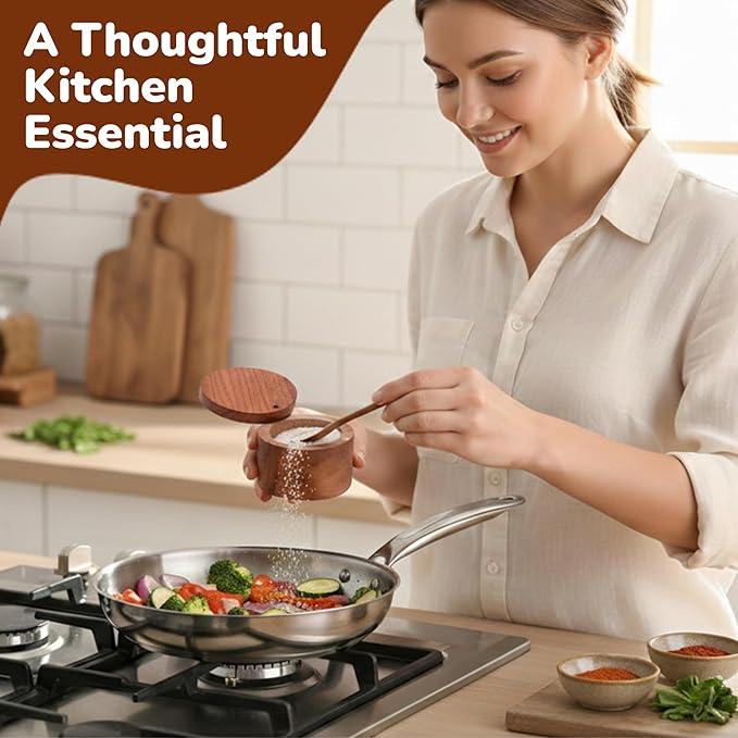 Wooden Salt Cellar with Magnetic Swivel Lid & Built-in Spoon, Salt Box for Kitchen Countertop, Premium Rosewood Salt Keeper for Sea Salt, Pepper & Spices (4.5 oz)