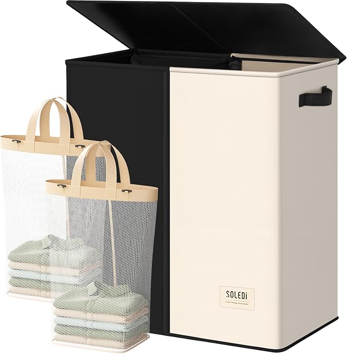 SOLEDI Large Double Laundry Hamper with Lid, Collapsible Clothes Hamper 2 section with Removable Bags, Space-Saving Laundry Basket for Bedroom, Dorm, College