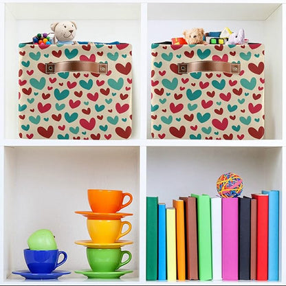 Bolaz Large Storage Basket Vintage Teal Red Cute Hearts Foldable Storage Box Organizer Bins with Handles for Bedroom Home Office