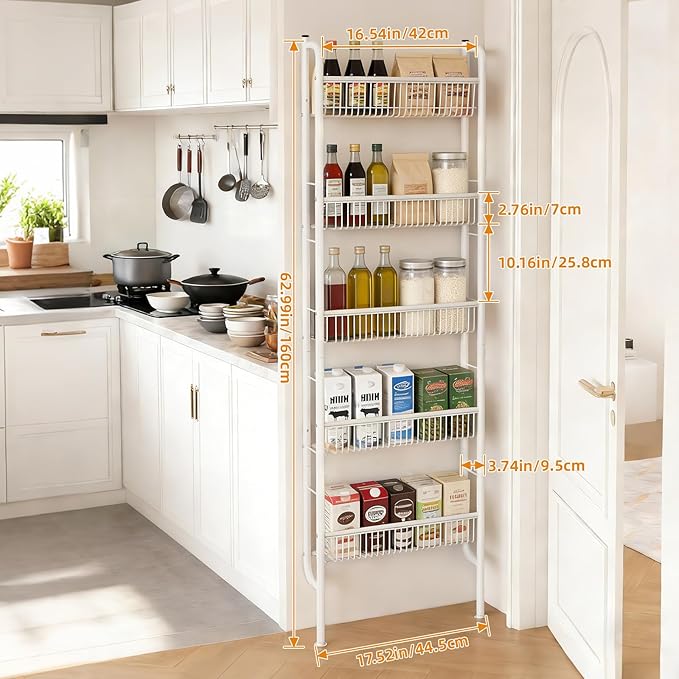 Saiveina Behind The Door Storage 5 Tiers Behind Door Shelf, Space-Saving Bathroom Door Shelf, Metal Shelf for Kitchen Bathroom Living Room, Off-White