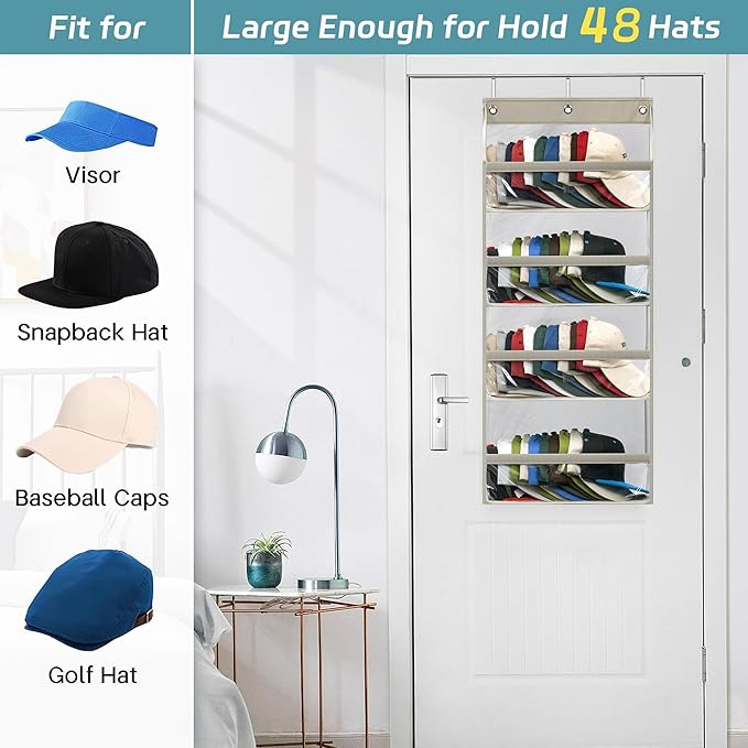 AOODA Clear Over the Door Hat Racks for Baseball Caps, Hold 48 Caps Hat Storage Organizer for Closet Wall, Deep Pockets Hanging Snapback Holder Shelves with 3 Hooks, Grey