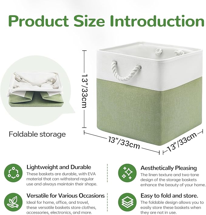 13 x 13 Inch Cube Storage Bins, 6 Pack Fabric Storage Basket with Handles, Foldable Boxes Organizer for Shelf Baskets for Home, Clothes (White/Green)