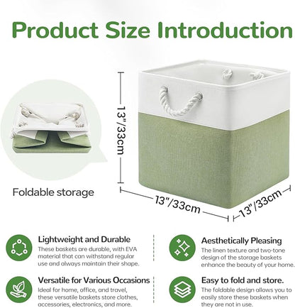 13 x 13 Inch Cube Storage Bins, 6 Pack Fabric Storage Basket with Handles, Foldable Boxes Organizer for Shelf Baskets for Home, Clothes (White/Green)