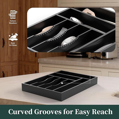 Bamboo Silverware Organizer, Kitchen Drawer Organizer, Utensil Holder, Cutlery Tray & Spoon Flatware Storage with Grooved Drawer Dividers (Black, 12.5''W x 16.5''D)