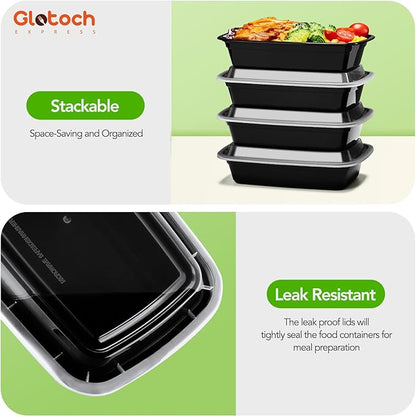 Glotoch 100-Piece (50-Pack) 24 OZ Meal Prep Containers Reusable with Lids, Sturdy Leakproof & Food Safe, Microwave, Freezer, Dishwasher Safe To Go Food Containers, Plastic Take Out Containers, Black