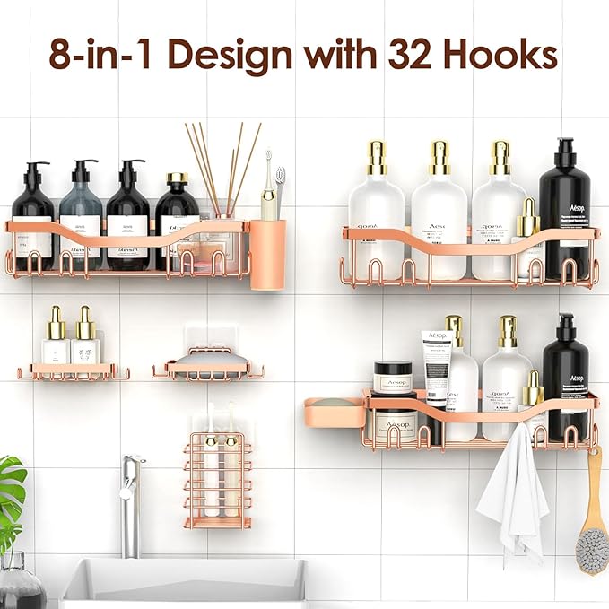 NESOMI Shower Caddy Adhesive Shower Organizer 8-Pack, Rustproof Stainless Steel Bathroom Shelves, Large Capacity No-Drill Rack Storage Accessories with Soap Dish Toothbrush Holder Hooks