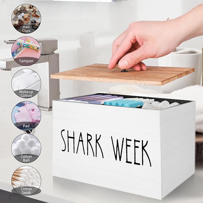 Tampon Holder for Bathroom, Feminine Product Organizer with Lid, Shark Week Tampon Storage Pad and Lady Stuff Box Tampon Organizer for Bathroom (White)