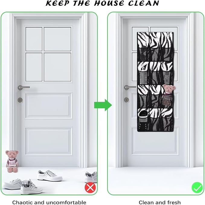 Zebra Print Over the Door Shoe Organizer Foldable Hanging Shoe Organizer with 12 Large Pockets Sturdy Oxford Storage Holder for Dorm Room