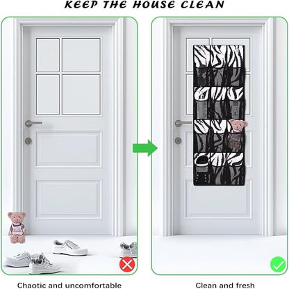 Zebra Print Over the Door Shoe Organizer Foldable Hanging Shoe Organizer with 12 Large Pockets Sturdy Oxford Storage Holder for Dorm Room
