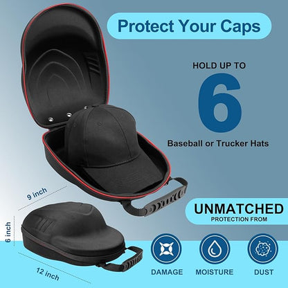 Hat Travel Case for Baseball Caps,Hard Hat Carrier Storage Case with 1 Pack Black Baseball Cap and Adjustable Shoulder Strap, Hat Organizer Holder Bag for 6 Baseball Caps for Men and Women - Black
