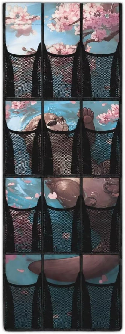 Over The Door Shoe Organizer Cherry Blossom Sloth Hanging Shoe Rack for Closet with 12 Large Mesh Pockets Washable Reusable Door Hanging Storage Bag for Small Spaces