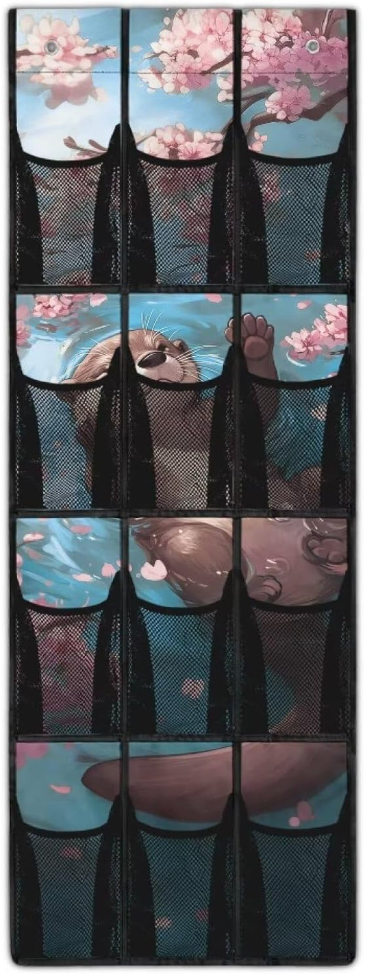 Over The Door Shoe Organizer Cherry Blossom Sloth Hanging Shoe Rack for Closet with 12 Large Mesh Pockets Washable Reusable Door Hanging Storage Bag for Small Spaces
